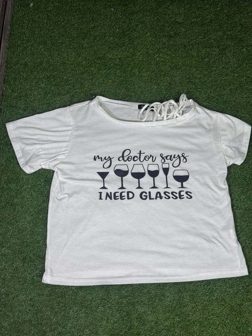 ChicMe 'My Doctor Says I Need Glasses' Graphic Lace-Up Tee Size L